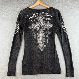Affliction Womens Long Sleeve V-Neck Top Gray Snakeskin Cross Studded Gothic L